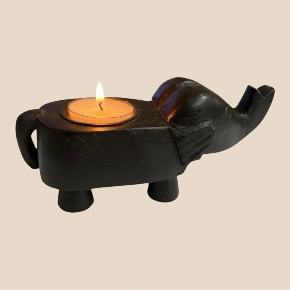 Vintage Black Elephant Tea Light Candle Holder Carved Wood Figurine 7